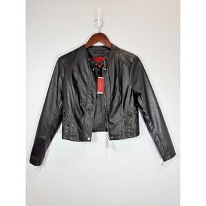 GUESS Ciena STC Moto PU Jacket Jet Black Lace Up Faux Leather R5RL61WGKP0 Size S